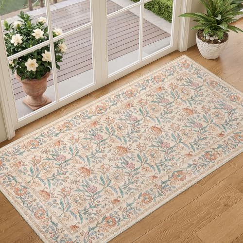 DUKINO 2x4 Rug, Washable Vintage Floral Entryway Rug Non Slip, Beige - color: Beige Peach, size: 2' x 4' (Rectangular)