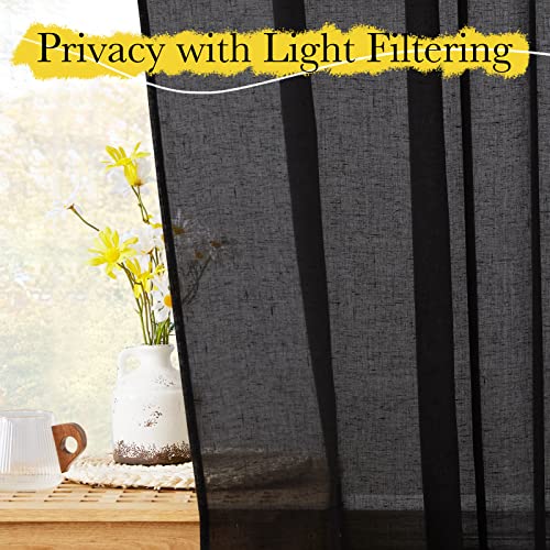 NICETOWN Black Curtains Semi Sheer Linen Texture, Rod Pocket & Back Tab Sheer Linen Blend Window Drapes Aesthetic Privacy with Light Through for Boys Bedroom/Living Room, W52 x L84, 2 Pieces - color: Black, size: 52"W x 84"L (Pack of 2)
