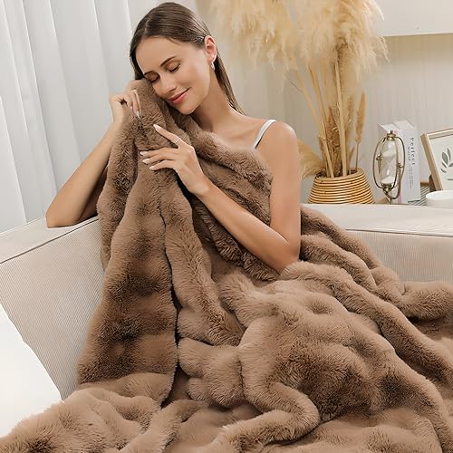 UKELER Soft Faux Fur Throw Blanket Solid Reversible Shaggy Blanket Plush Thick Fluffy Blankets Throws for Bed, Couch, Sofa, Office, Camping 50''x60'' Brown - color: D-brown, size: 50''x60''