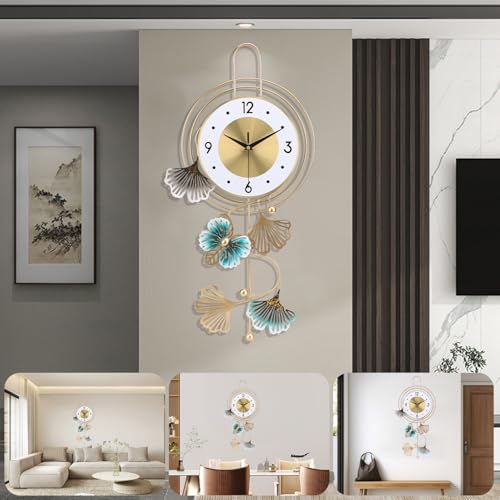 Large Wall Clock for Living Room, Round dial with Golden Green Leaves and Butterfly, Modern Silent Non-ticking Metal Wall Clocks for Kitchen Bedroom Study Office, 12.5x25.5inch (Gold Butterfly&Leaves) - color: White Leaf