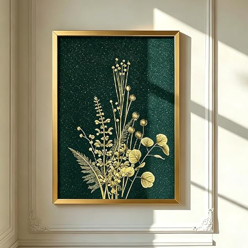 YBYBEST 12x16 Green and Gold Botanical Wall Art with Gold Frame, Shimmery Green Wall Art for Bathroom, Bedroom, Living Room and Entryway - color: Emerald Green & Gold1-12*16, size: 16"L x 12"W