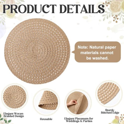 24 Pcs 13 in Round Woven Placemats Boho Charger,Khaki,Natural - color: Khaki, style: Natural