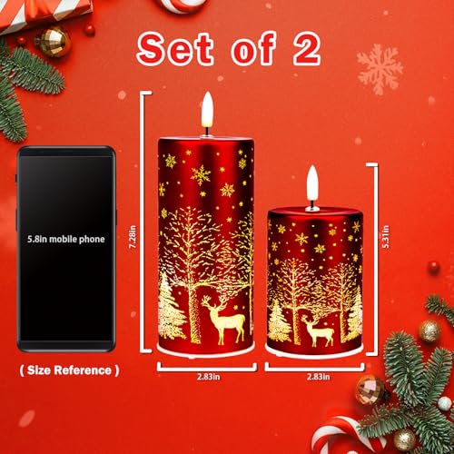 MJ PREMIER Christmas Decorations Indoor Mercury Glass Lights with Timer Battery Operated Light Table Centerpiece for Home Decor, Fireplace Mantle, Gift LED Christmas Tree with Deer Carvings (Red)