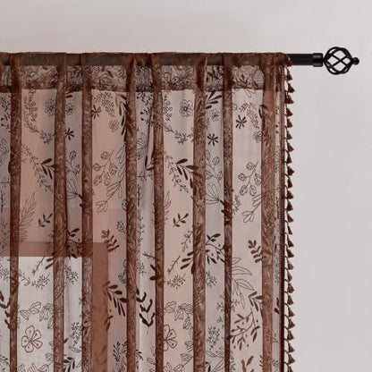 Kotile Brown Sheer Curtains 54 Inch Length, Boho Floral Lace Window Panels - color: Brown, size: 52"W x 54"L (Pack of 2)