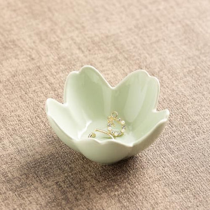 Floral Ceramic Jewelry Tray, 3.5" Ring Holder Trinket Bowl - color: green