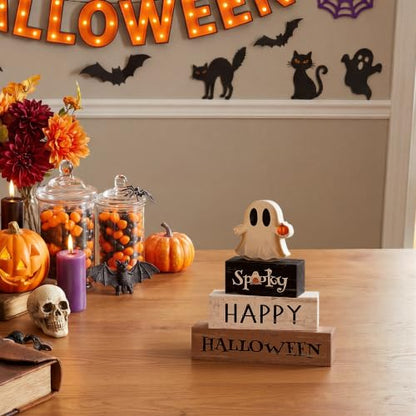 Smile Halloween Wooden Block Decor Set Ghost Pumpkin Spooky Tabletop Signs - style: Halloween Ghost