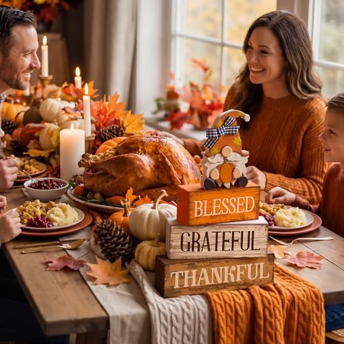 Lineshading 4 Pcs Thanksgiving Table Decor, Blessed Gnome Wooden Block Sign - style: Blessed Gnome