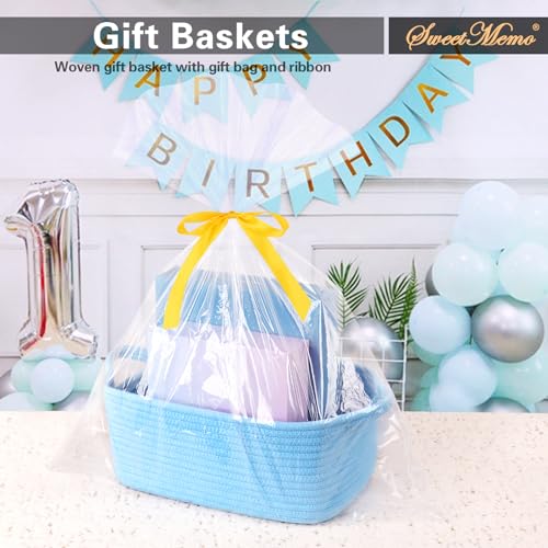 Large Empty Gift Baskets to Fill, Cute Woven Basket for Teen Girls, Women, Baby Shower - SweetMemo Decorative Small Toy Bin with Handles for Decor, Bathroom, with Gifting Bags and Ribbon, Sky Blue - color: Baby Blue, size: 1 Pack