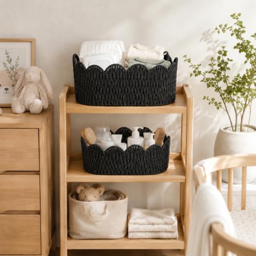 Endymion Set of 2 Paper Rope Scalloped Basket, Wicker Storage Baskets Black - color: Black