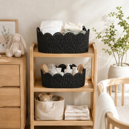 Endymion Set of 2 Paper Rope Scalloped Basket, Wicker Storage Baskets Black - color: Black