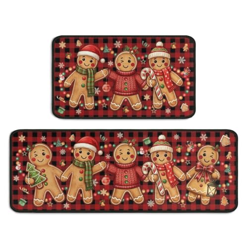 Christmas Kitchen Rugs Set of 2, Red Buffalo Checkered Gingerbread Man Rugs, Non-Slip Washable Kitchen Mats, Winter Christmas Kitchen Decor, Kitchen Rug for Holiday Sink Front Porch, 17x30+17x47In - color: Red Christmas Gingerbread Man