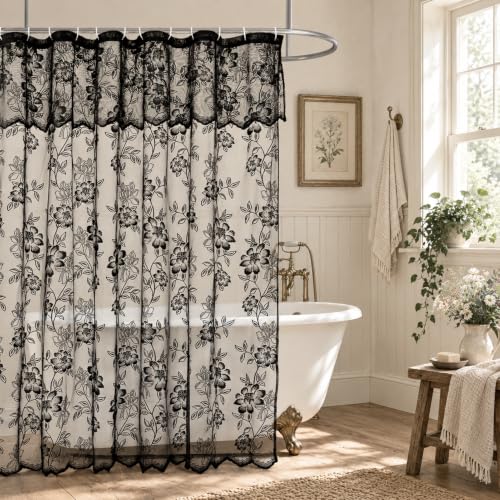 Black Lace Shower Curtain with Attached Valance, 72 x 72 Inch 1 Panel - color: Black, size: 72"W x 72"L (Pack of 1)