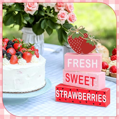 GlikCeil 4 Pcs Strawberry Table Decoration Summer Wooden Tiered Tray Decor Set Strawberry Wood Block Table Sign Centerpieces Farmhouse Rustic Summer Tabletop Decors for Home Office Desk Shelf Decor - style: Strawberry