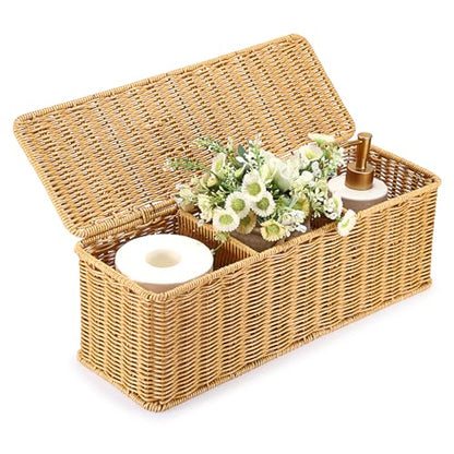 Sumnacon Wicker Storage Basket with Lid, Rectangle Bathroom Narrow Baskets - color: Yellow