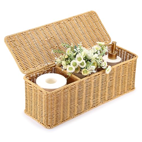 Sumnacon Wicker Storage Basket with Lid, Rectangle Bathroom Narrow Baskets - color: Yellow