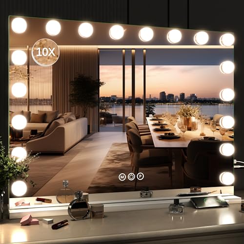 ROLOVE 32"x24" Hollywood Vanity Mirror with Lights, 15 Dimmable LED Bulbs, 3 Color Modes, 10X Magnification, USB Charging Port, Tabletop or Wall-Mounted - color: White, size: 32"L x 24"W