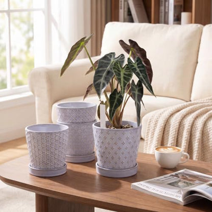 EFISPSS Ceramic Plant Pots, 5 Inch Planters with Drainage Holes and Ceramic Tray, Relief Design Flower Planter, Desktop Office Windowsill Decoration Gift Set of 4 - Lavender - color: Lavender