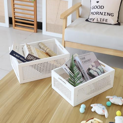 White Wooden Storage Baskets with Handle, Rectangular Set of 2 - color: White, size: Large & Small (Set of 2)
