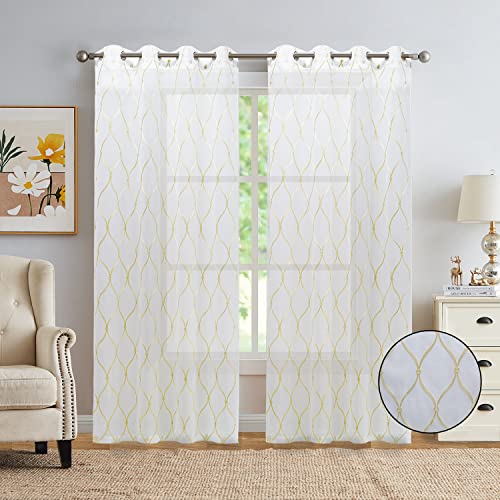 July Joy White Sheer Curtains 84 Inches Long Beige Moroccan Embroidered Grommet Semi Window Drapes for Living Room Bedroom, 2 Panels - color: Beige, size: 52"W x 84"L (Pack of 2)