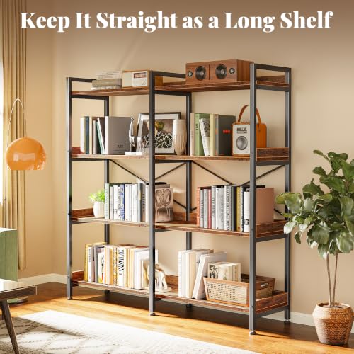 Huuger 4 Tier Bookshelf with 8 Open Shelves and Raised Baffle, Rustic Brown - color: Rustic Brown, size: 4 Tier