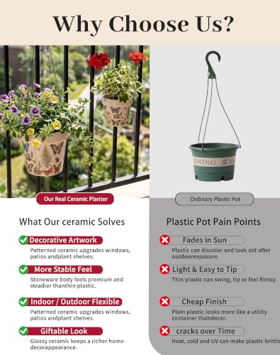 Stoneware Hanging Planters Set of 2,Large 7" + Small 5" - color: Set 2-butterfly Garden
