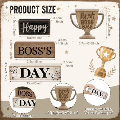 Moucuny 4 Pcs Boss Day Table Decorations Rustic Trophy Wooden Blocks Decor - style: Happy Boss’s Day