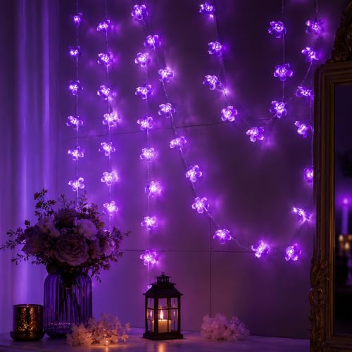 33ft 100 LED Plug in Purple Fairy Cherry Blossom Flower String Lights Decor - color: Purple
