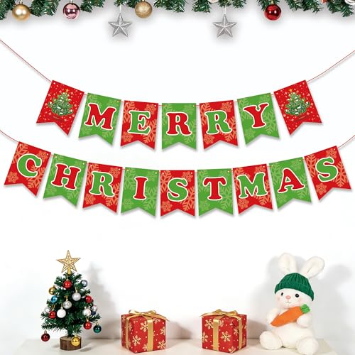 OHOME Christmas Party Decorations - Merry Christmas Banner | CHRISTMAS Decorations for Indoor Outdoor - Xmas Backdrop Garland for Outside | Hanging Party Favors Supplies for Birthday - color: Red and green