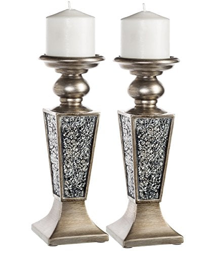 Creative Scents Schonwerk Silver Pillar Candle Holder Set of 2 - Crackled Mosaic Design - Centerpiece Table Decoration - Coffee Table Decor - Decoration Centerpiece for Living/Dining Room - Best Gift - color: Silver With Crackled Glass