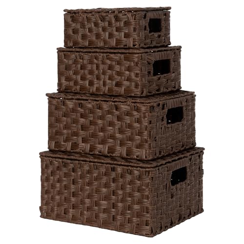 GRANNY SAYS Wicker Basket with Lid, Decorative Storage Baskets for Shelves - color: Brown, size: 4 Pack