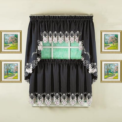 Today's Curtain Verona Reverse Embroidery Tier, 36", Black/Rose, 60" W X 36" L - color: Black/Rose, size: 60"W x 36"L (Pack of 1)