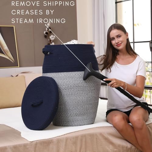 26"x20" Handcrafted Tall Cotton Rope Basket with Lid, Stylish Flagon Shape with Cover, Clothes Hamper with Top, for Bedroom and Living Room, Dark Blue Mix - color: Dark Blue Mix