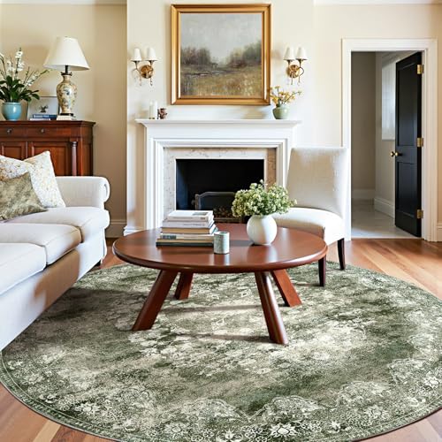 jinchan 8ft Vintage Floral Round Rug, Circle Washable Rug, Forest Green - color: Forest Green, size: 8' (Round)