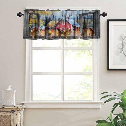 Farm Rooster Valance Curtains, Rustic Farmhouse Country Animal Rural Chicken Print Window Treatment Valances for Kitchen Bedroom Dining Room Living Room, 54x18 Inch - color: Chicken-1