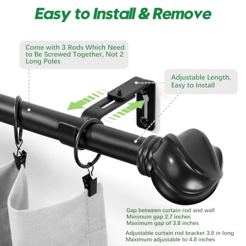 LLPJS Curtain Rods 16-48", 1 in Adjustable Black Rod with Finials, 1 Pack - color: Black, size: 16" to 48" - 1 pack