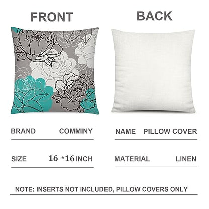 COMMINY Teal Grey Pillow Covers 16x16 Set of 6 Floral Throw Pillow Covers - color: Teal Grey, size: 16" x 16" (Pack of 6)