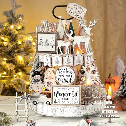 Shellwei 20 Pcs Neutral Christmas Tiered Tray Decor, Winter Farmhouse Signs - style: Vintage