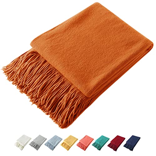 Homiest Dark Orange Knitted Throw Blanket with Fringe, 50x60 Inch - color: Dark Orange, size: 50" x 60"