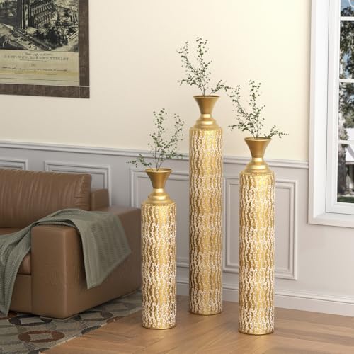 Modern Tall Floor Vases Set of 3, Large Gold Vases Home Decor for Living Room, Vintage Metal Decorative Vase, Big Metallic Centerpiece Vase for Corner, Bedroom (Antique Gold)