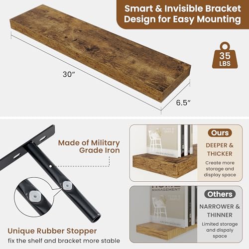 Floating Shelves for Wall, Wall Mounted Wood Shelves, Brown, Set of 2, 30in - color: Rustic Brown, size: 30"W x 6.5"D , 2 Pack