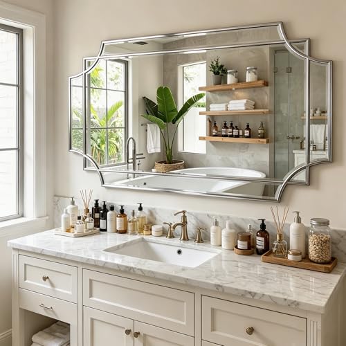 59"x30" Large Geometric Beveled Mirror with Silver Wood Frame - color: Silver, size: 59"L x 30"W