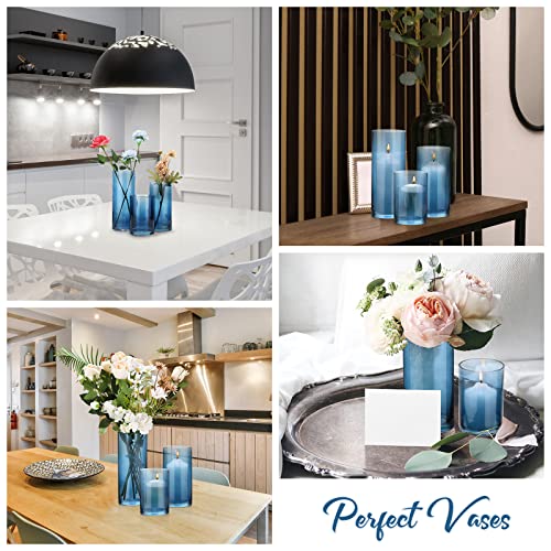 Inbagi 3 Pack Blue Candle Holders, Glass Hurricane Vases, 6, 8, 10 in