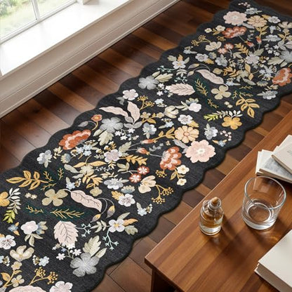 2x10 Scalloped Hallway Runner Rug: Washable Non Slip Boho Floor Mat Black - color: Black, size: 2' x 10' (Runner)