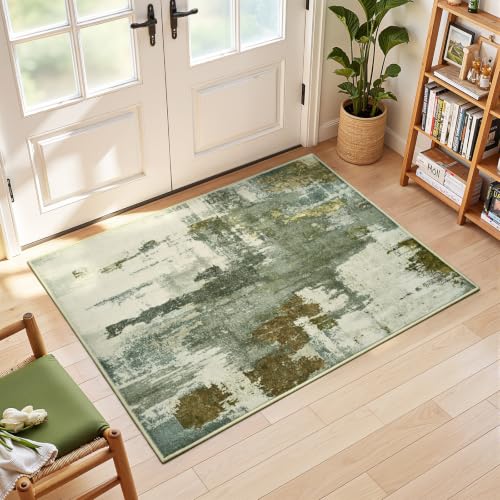 Kelarea Washable Entryway Rug 2x3, Non-Slip Low Pile Abstract Green - color: Green, size: 2' x 3' (Rectangular)