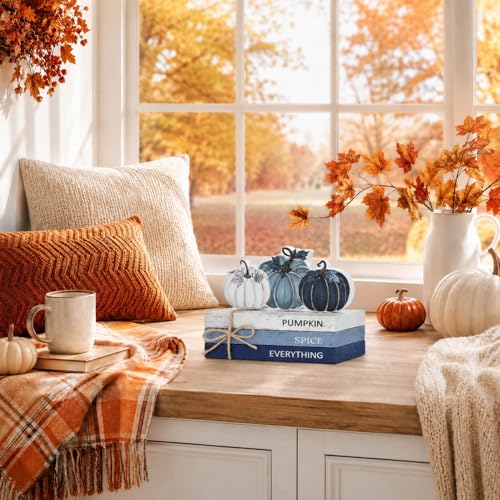 Smile Fall Wooden Decor Signs Blue Tone Pumpkins PUMPKIN SPICE EVERYTHING Tiered Tray Tabletop Signs for Autumn Harvest Thanksgiving Home Decor - style: Blue Pumpkin