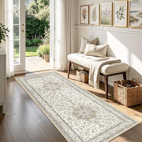 Arenarug Washable 2x6 Rug Runner for Hallway, Ivory Cream Beige Distressed Vintage Floral Non Slip Kitchen Rug, Soft Low Pile Carpet Runner for Laundry Room, Bathroom, Bedroom - color: Ivory / Pale Beige, size: 2' x 6' (Runner)