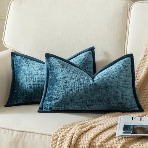 Yaertun Pack of 2 Chenille Textured Decorative Throw Pillow Covers Accent Solid Cushion Cover Soft Cozy Pillow Case with Velvet Back for Couch Sofa Bed Living Room 12x20 Inch Blue - color: Blue, size: 20" x 12" (Pack of 2)