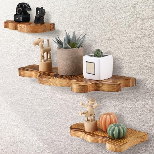 Suzile 3 Pcs Small Wave Edge Floating Shelf 3 Size Wooden Shelf, Brown - color: Brown
