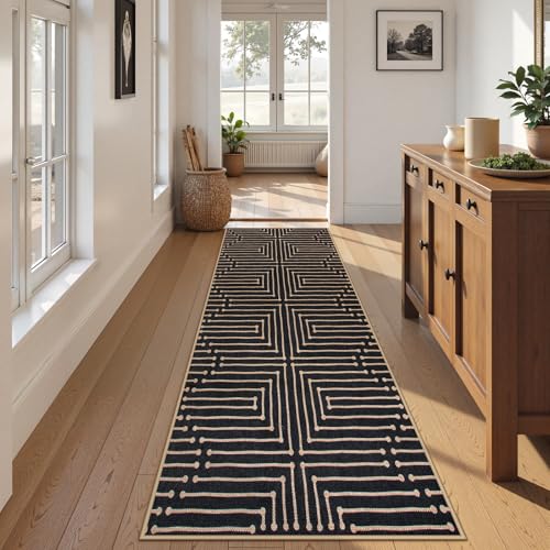 Lahome Maze Lines Washable Kitchen Runner Rug, 2x8 Black Outdoor Runner Rug - color: Black Geometric, size: 2'6" x 8' (Runner)