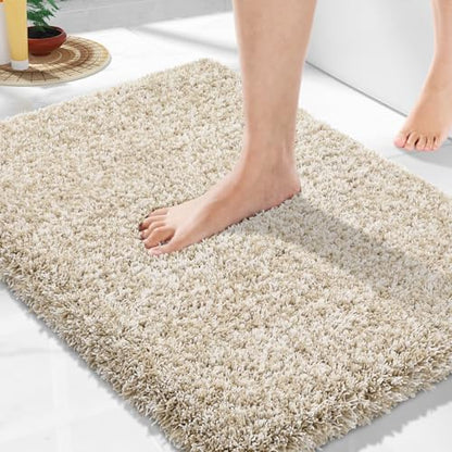 Yimobra Bathroom Rugs Non Slip Washable 24X17, Small Bath Mat, Beige&White - color: Light Beige and White, size: 17" X 24"